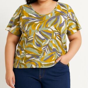 RACHEL ZOE 100% Cotton‎ Tee Size 2X Abstract Leaves Scoop Neck Lightweight Artsy